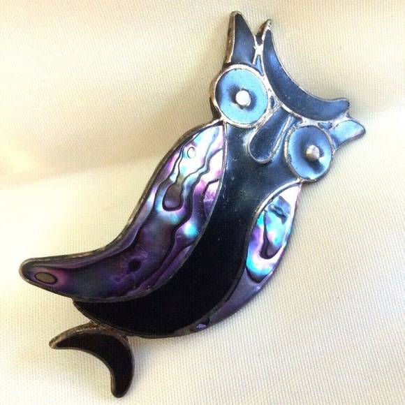 Vintage Silver Alpaca Mexico Black Onyx Abalone Shell Owl pin brooch - Picture 3 of 4